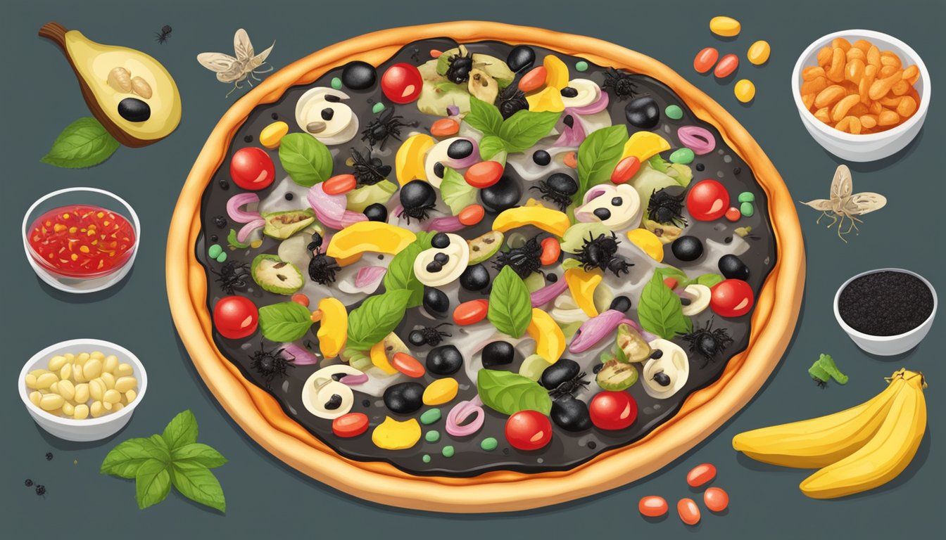 A pizza with toppings of crickets, ants, durian, squid ink, and jelly beans