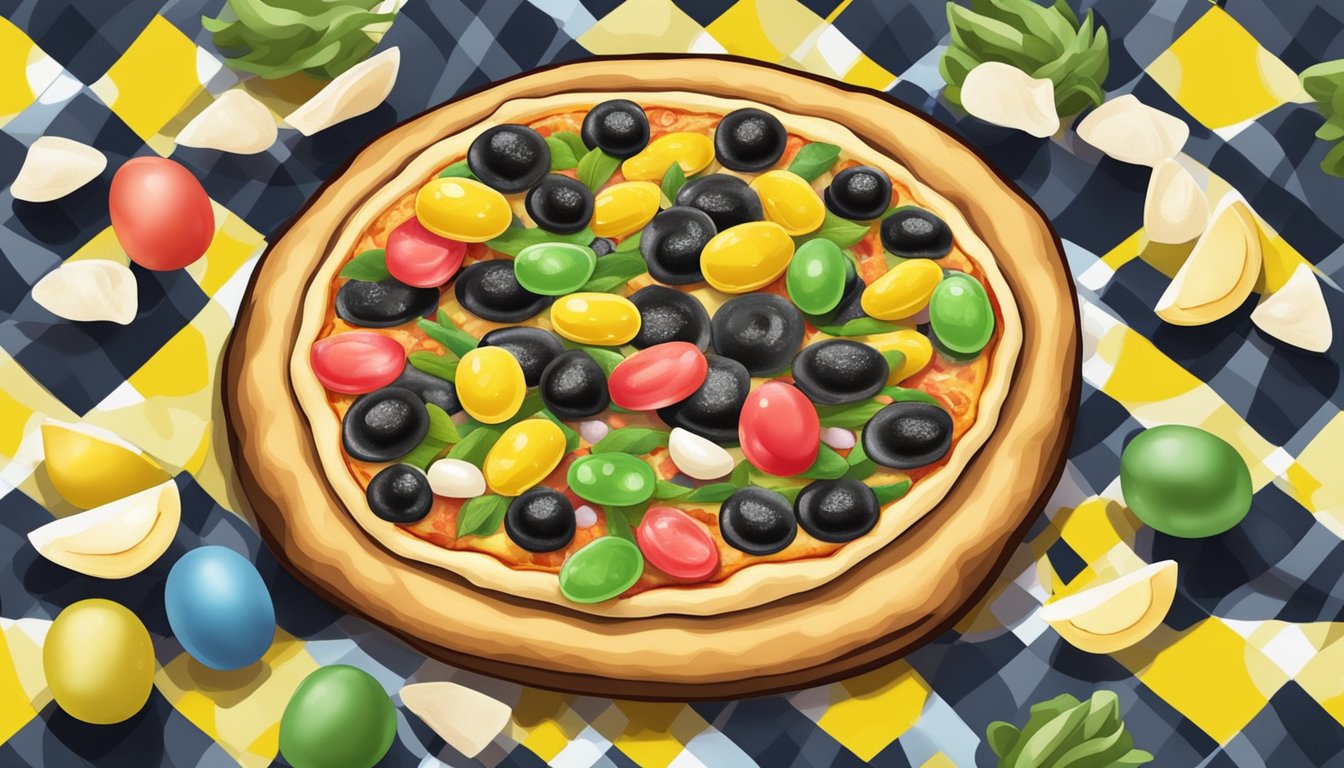 A pizza with cuttlefish ink, durian, and jellybeans atop a checkered tablecloth