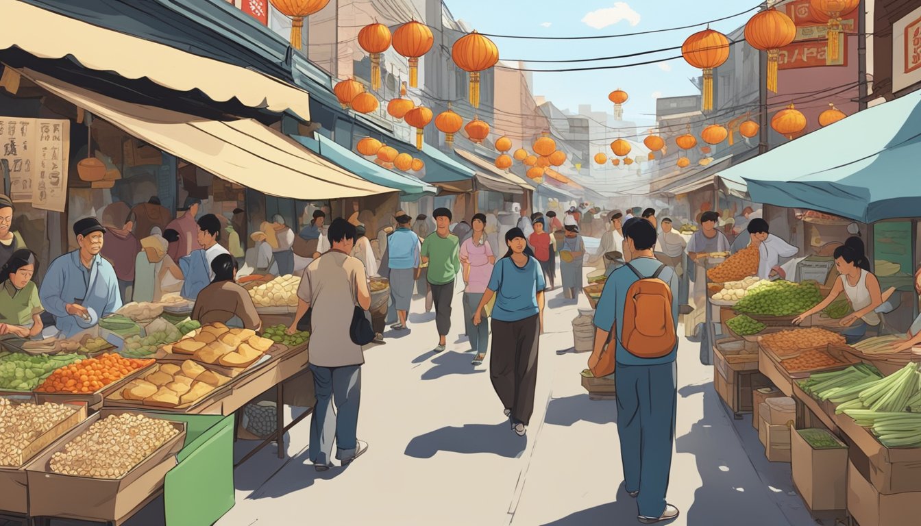 A bustling American Chinatown street market, with vendors selling a variety of "foreign" foods like chop suey, fortune cookies, and egg rolls