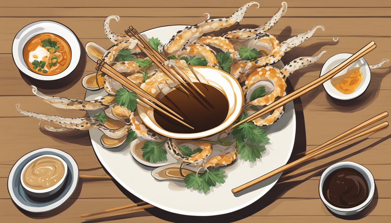 A group of squirming live squids on a plate, surrounded by chopsticks and a bowl of dipping sauce