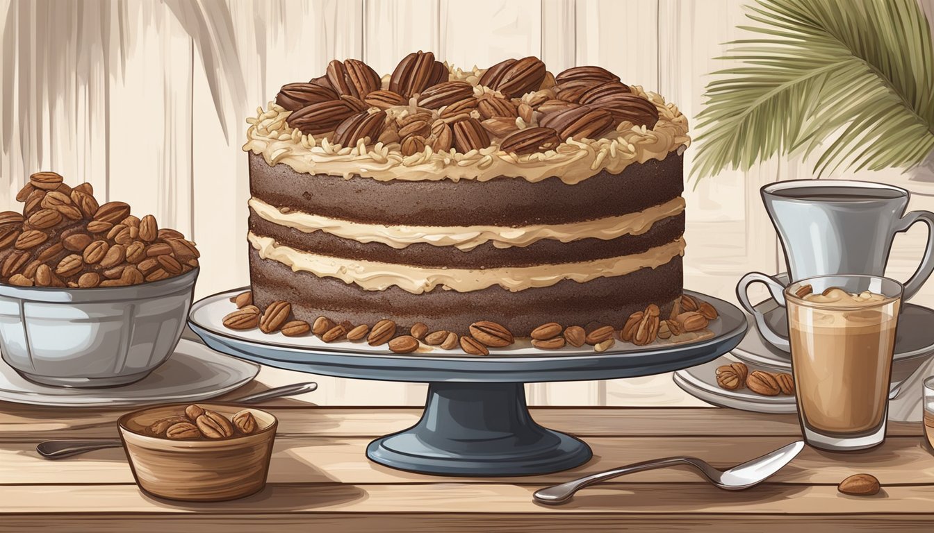 A decadent German chocolate cake sits on a table, surrounded by coconut, pecans, and a rich, creamy frosting