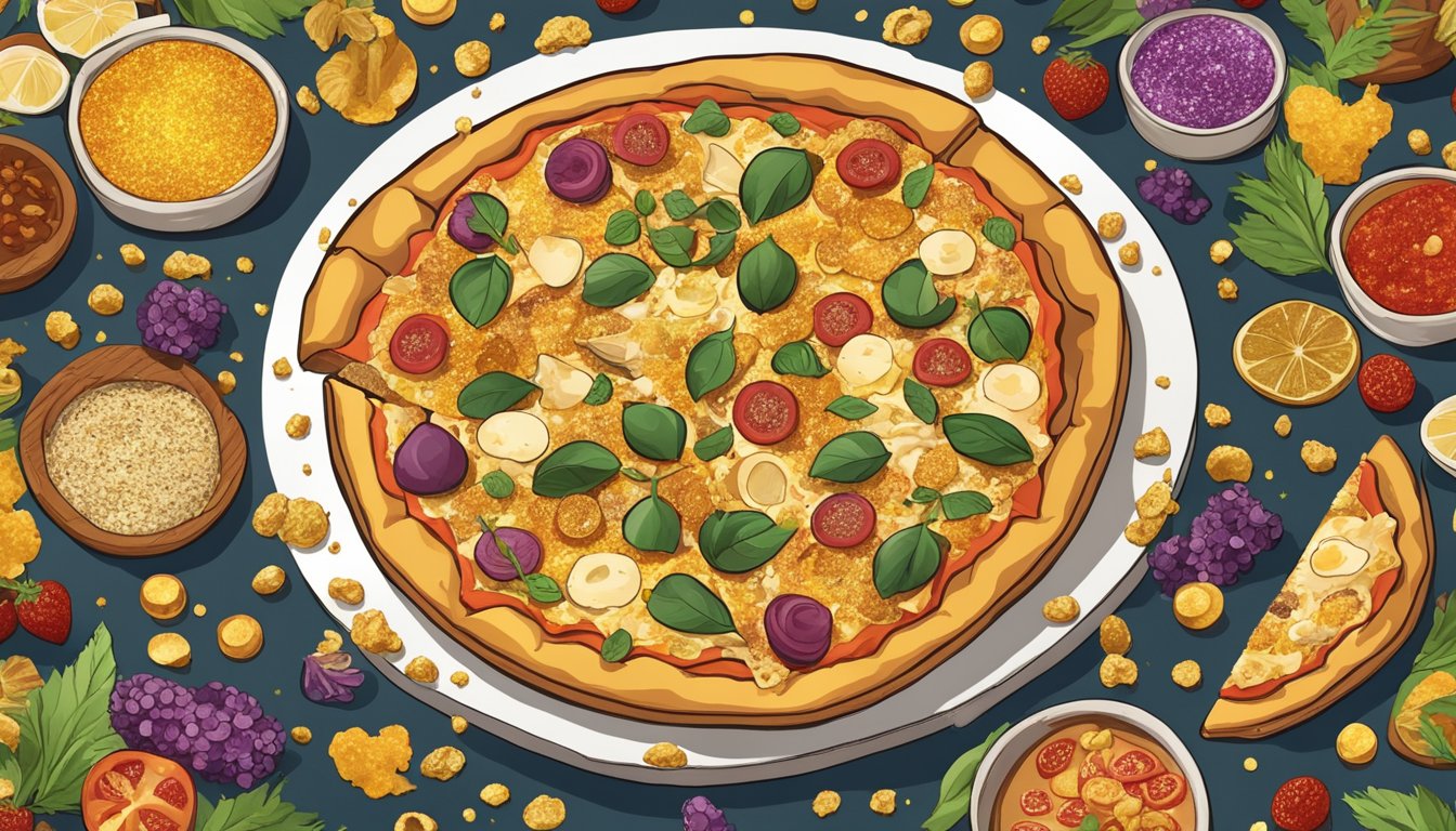 A pizza covered in gold flakes surrounded by various unusual toppings