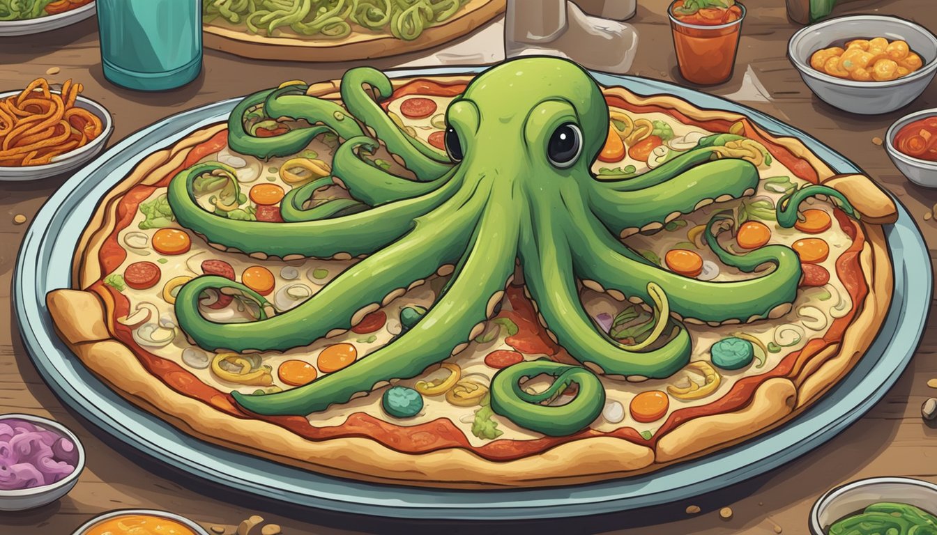 An octopus slithers across a pizza topped with unusual ingredients: pickles, gummy worms, and peanut butter