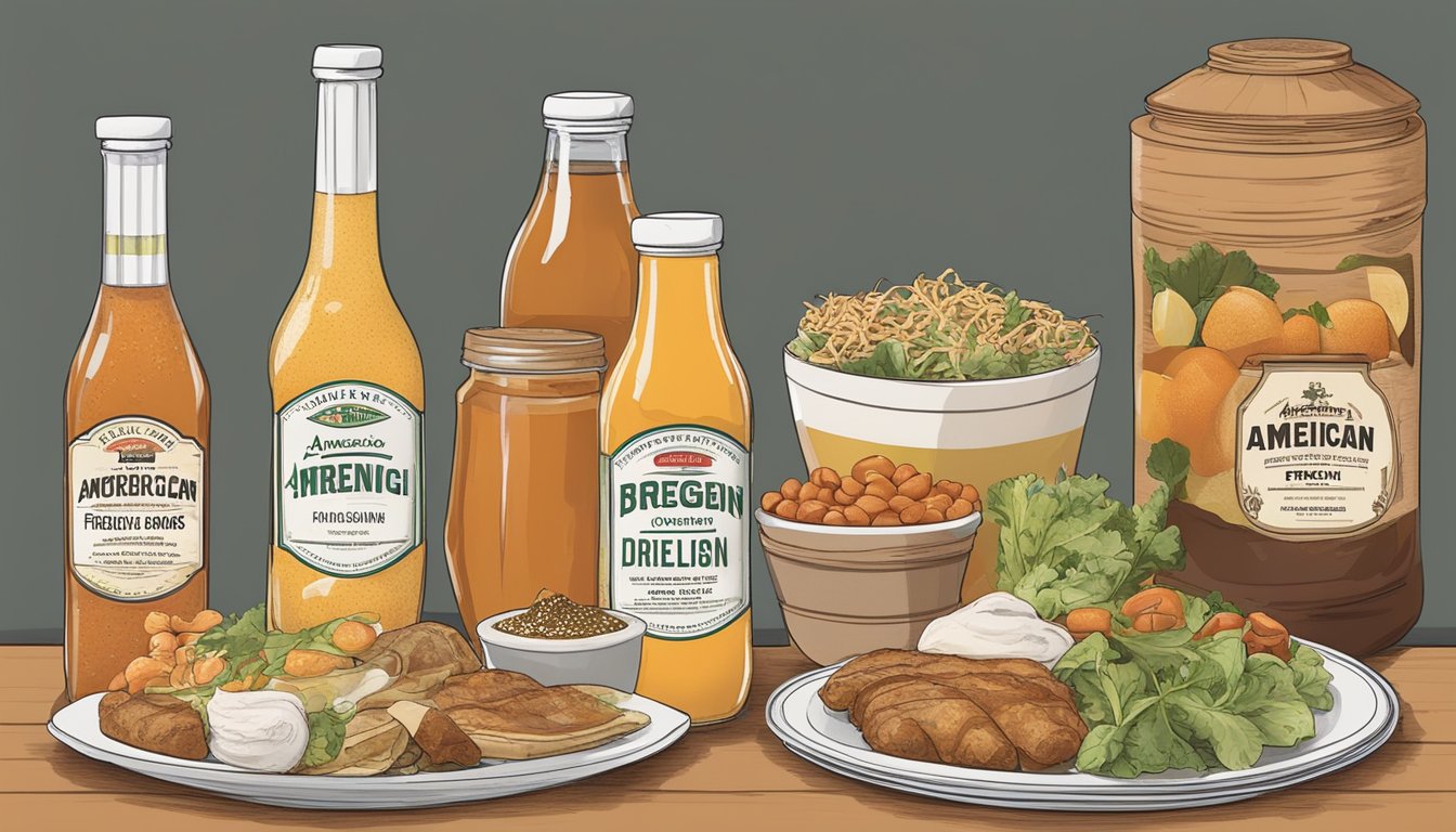 A table with a variety of American-origin foods labeled as foreign, with a bottle of French dressing prominently displayed