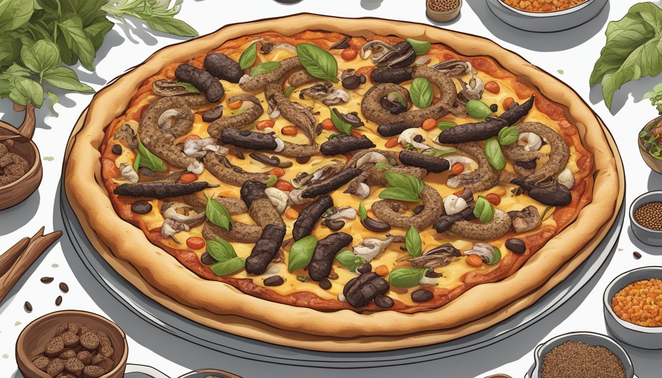 A pizza topped with rattlesnake sausage, surrounded by other unusual toppings like crickets and chocolate