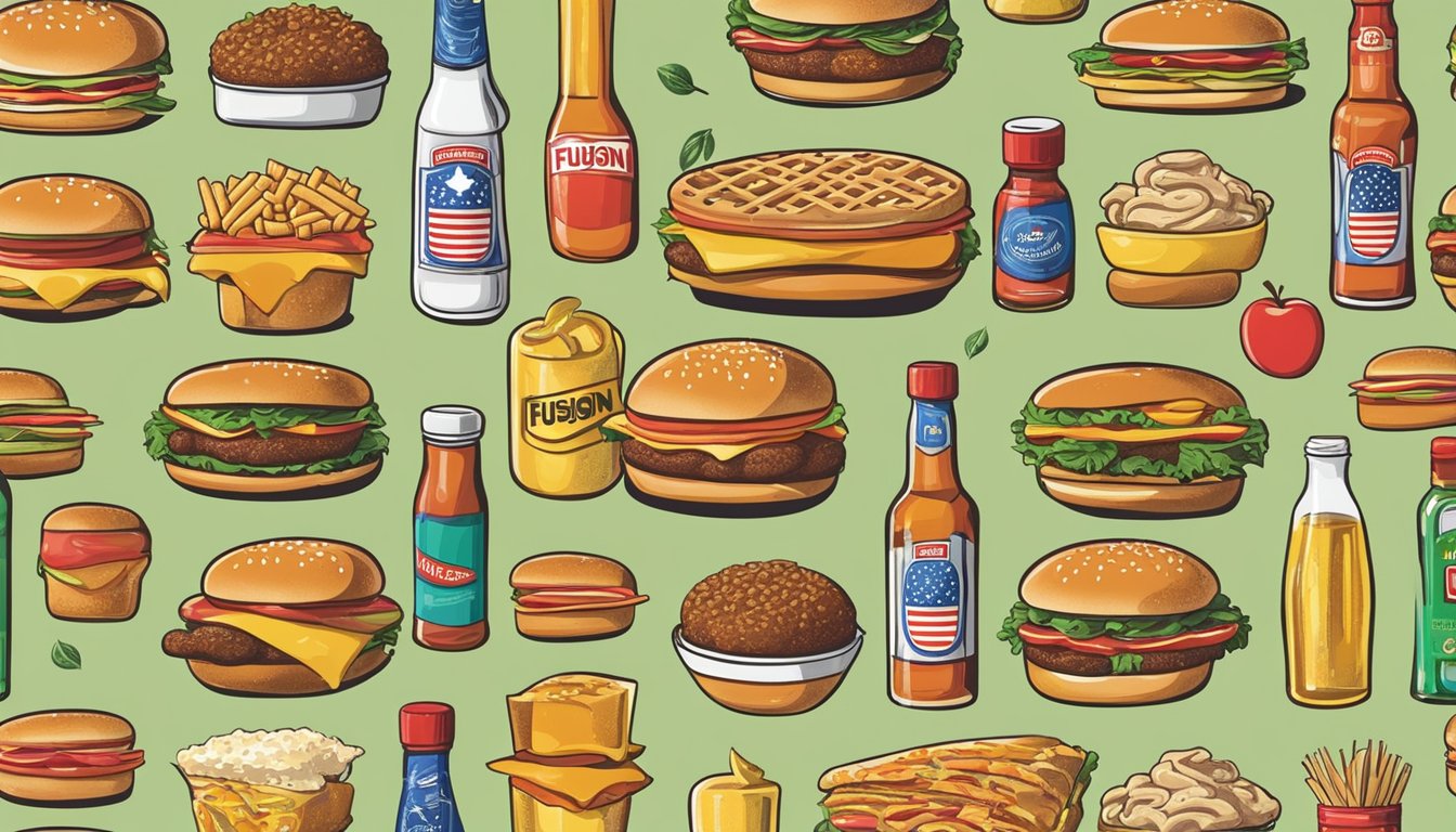 A bottle of Italian dressing surrounded by iconic American foods like hamburgers, hot dogs, and apple pie, highlighting the fusion of foreign and domestic culinary influences