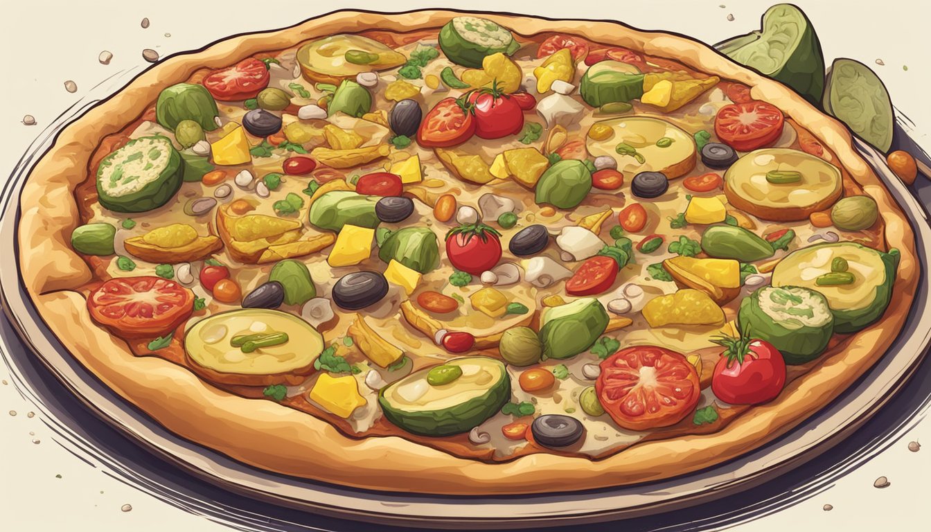 A pizza topped with durian fruit, surrounded by other strange toppings like pickles, gummy worms, and peanut butter