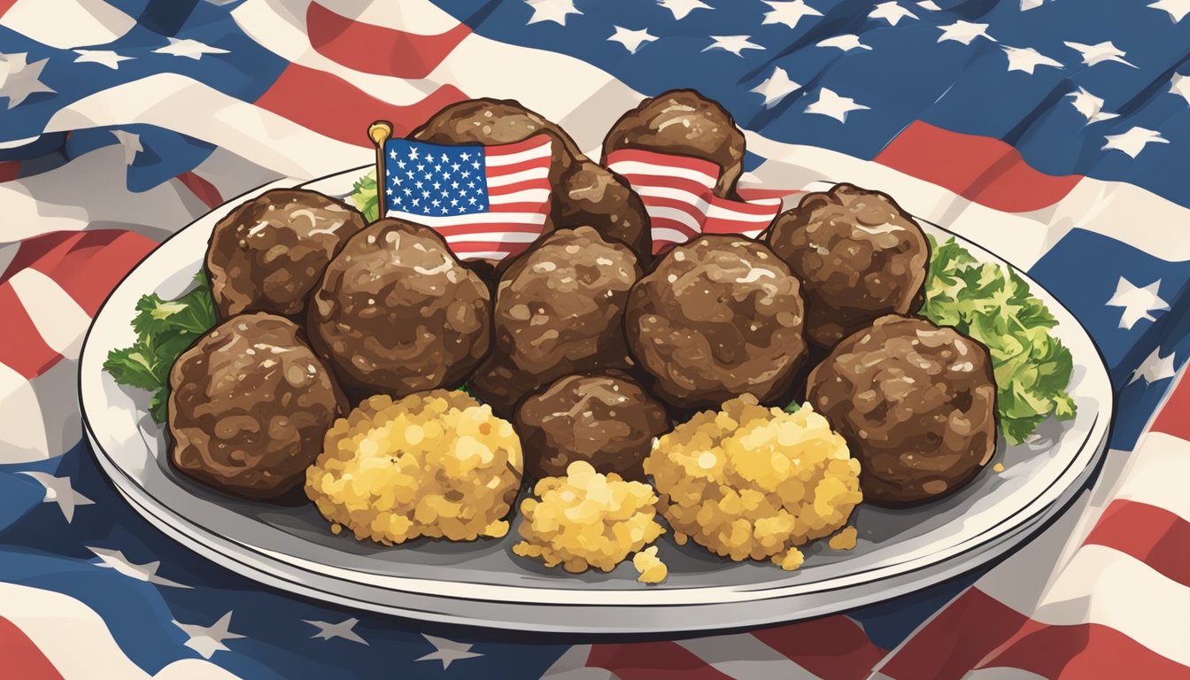 A plate of Swedish meatballs surrounded by American flags and iconic American symbols, highlighting the fusion of foreign and domestic culinary influences