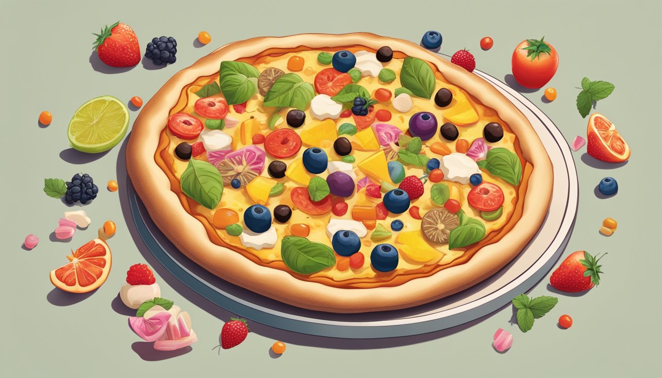 A pizza with toppings like insects, fruit, and candy