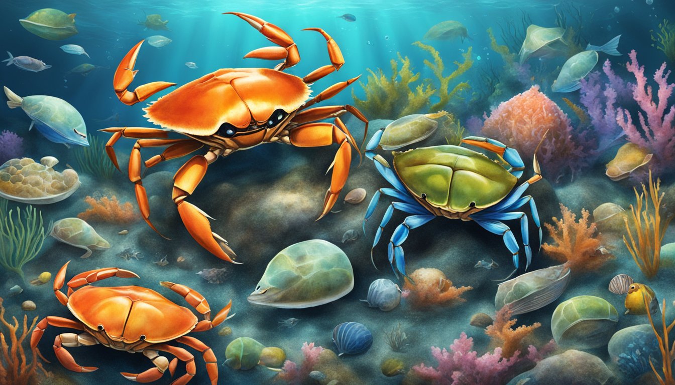 Drunken crabs in a lively underwater scene, surrounded by other sea creatures