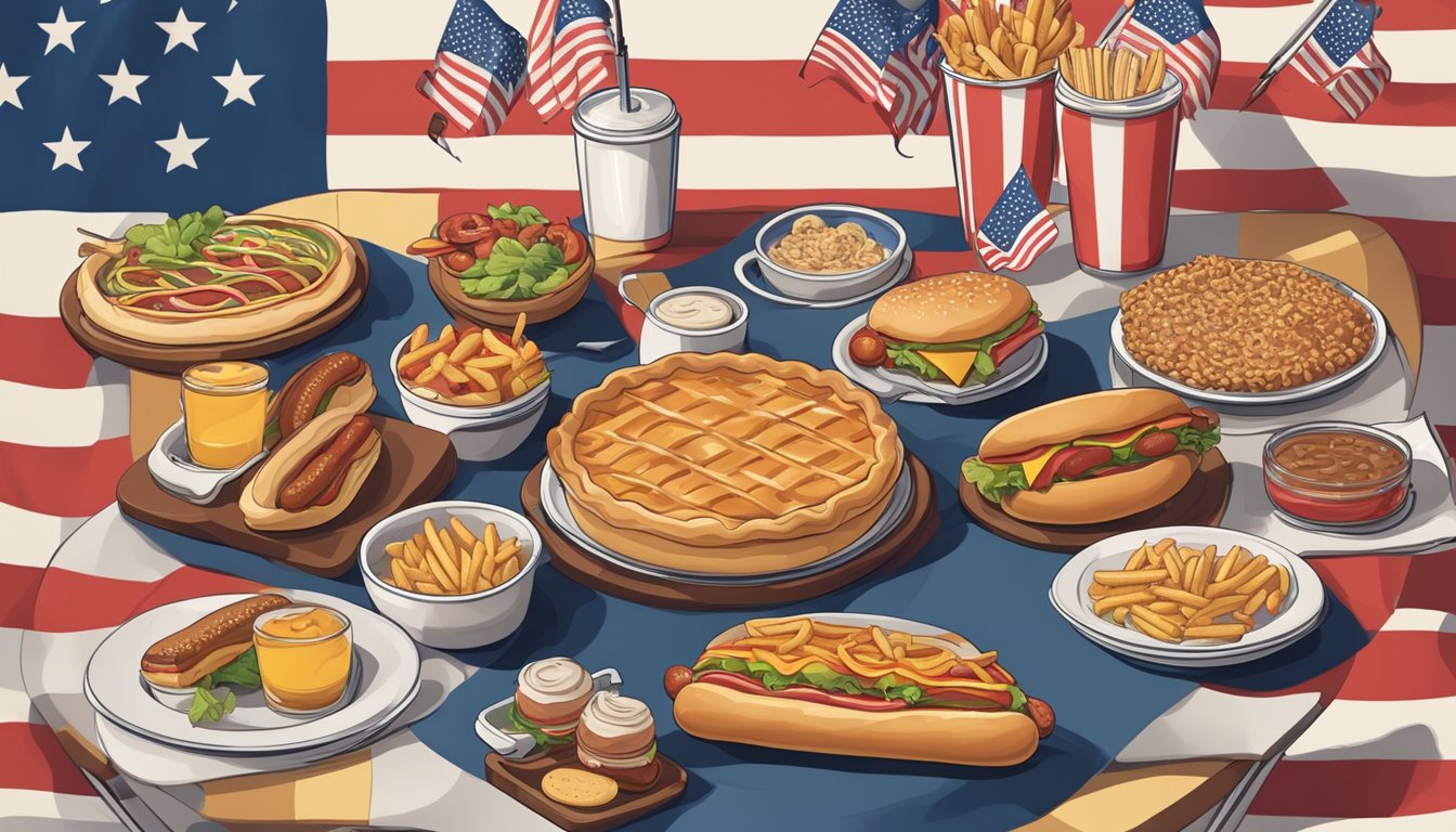 A table set with iconic American foods like apple pie, hot dogs, and hamburgers, surrounded by international flags and symbols