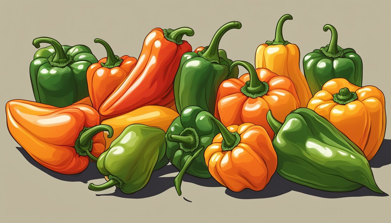 A vibrant array of 10 habanero peppers, varying in size and color, arranged in a visually appealing composition