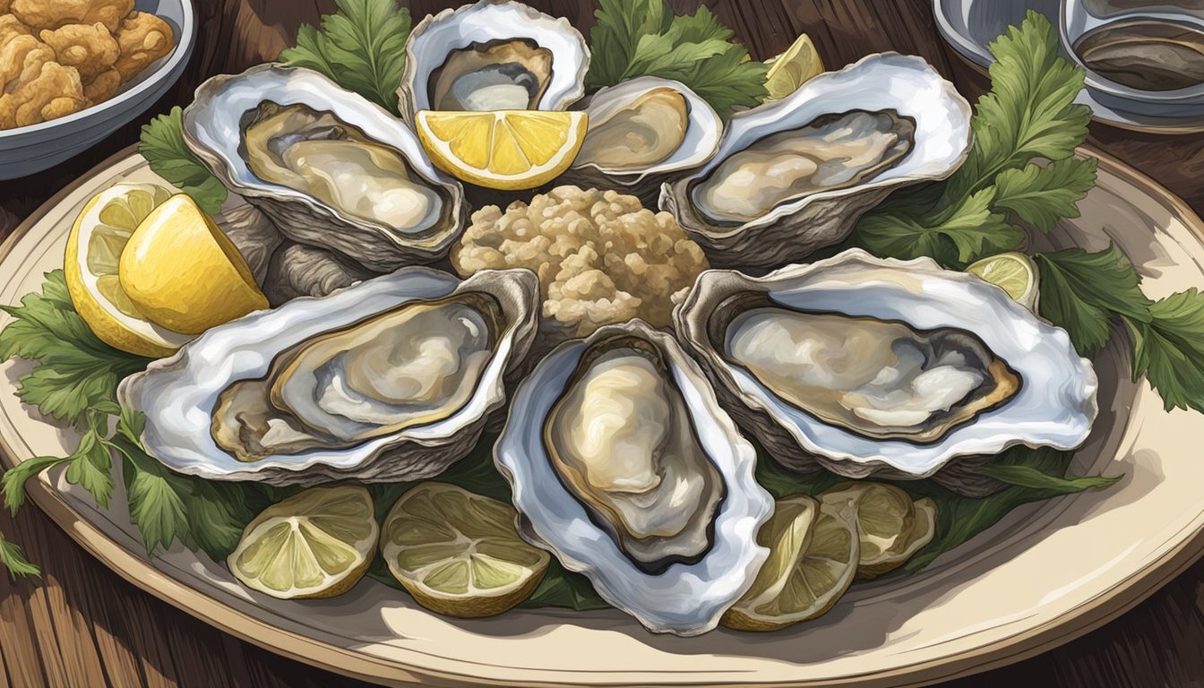 A plate of raw oysters surrounded by 10 hungry animals