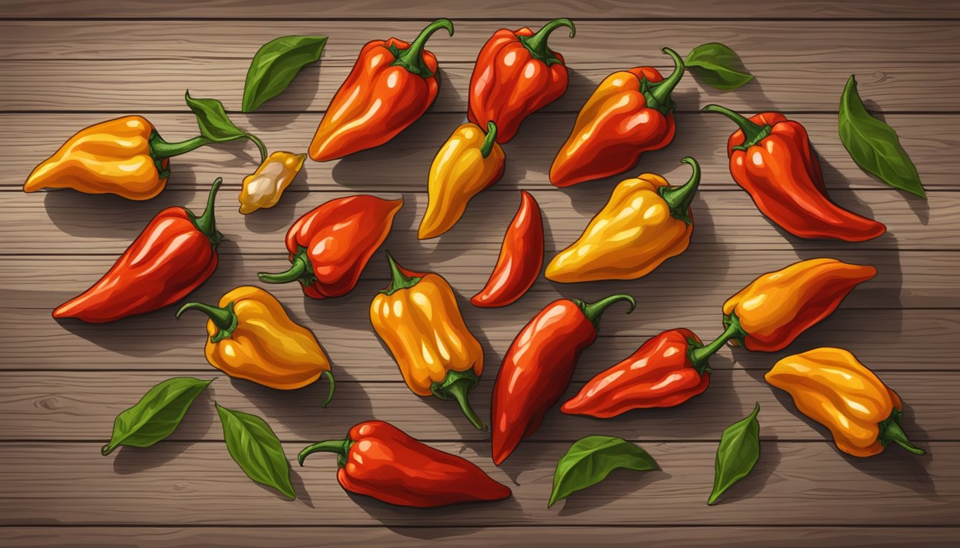 Ten fiery Bhut Jolokia peppers arranged in a circle on a rustic wooden table