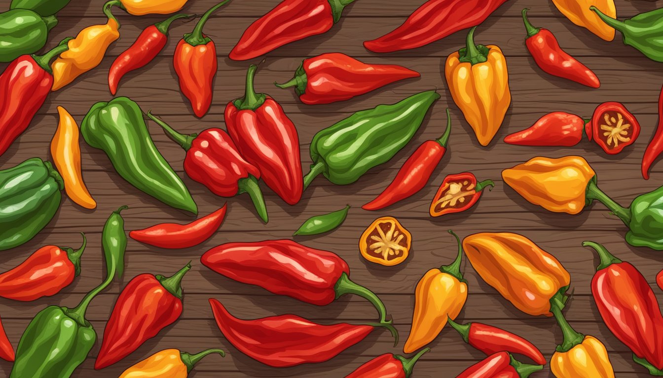 A pile of Carolina Reaper peppers arranged in a pyramid on a wooden cutting board, surrounded by scattered chili flakes and a few whole peppers