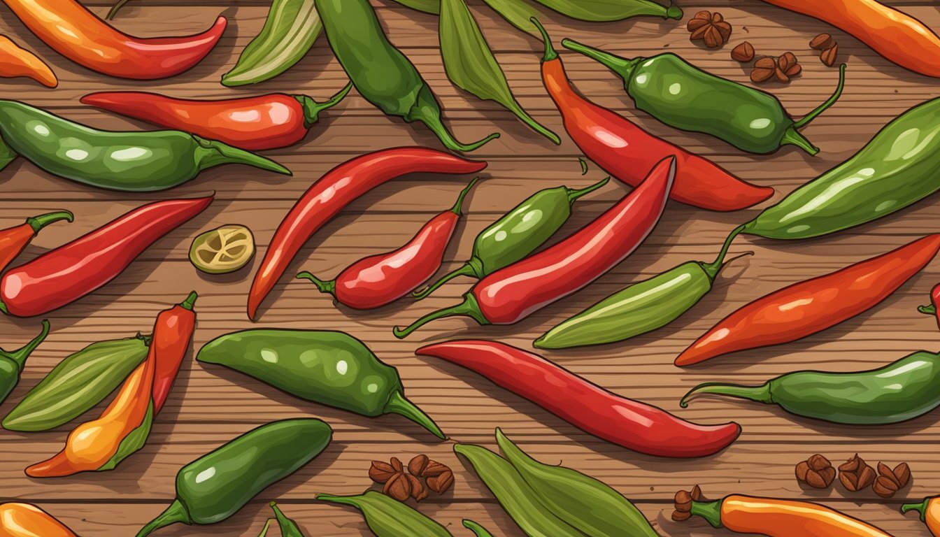 Ten Thai Bird's Eye Chilis arranged on a wooden cutting board with a sprinkle of spice