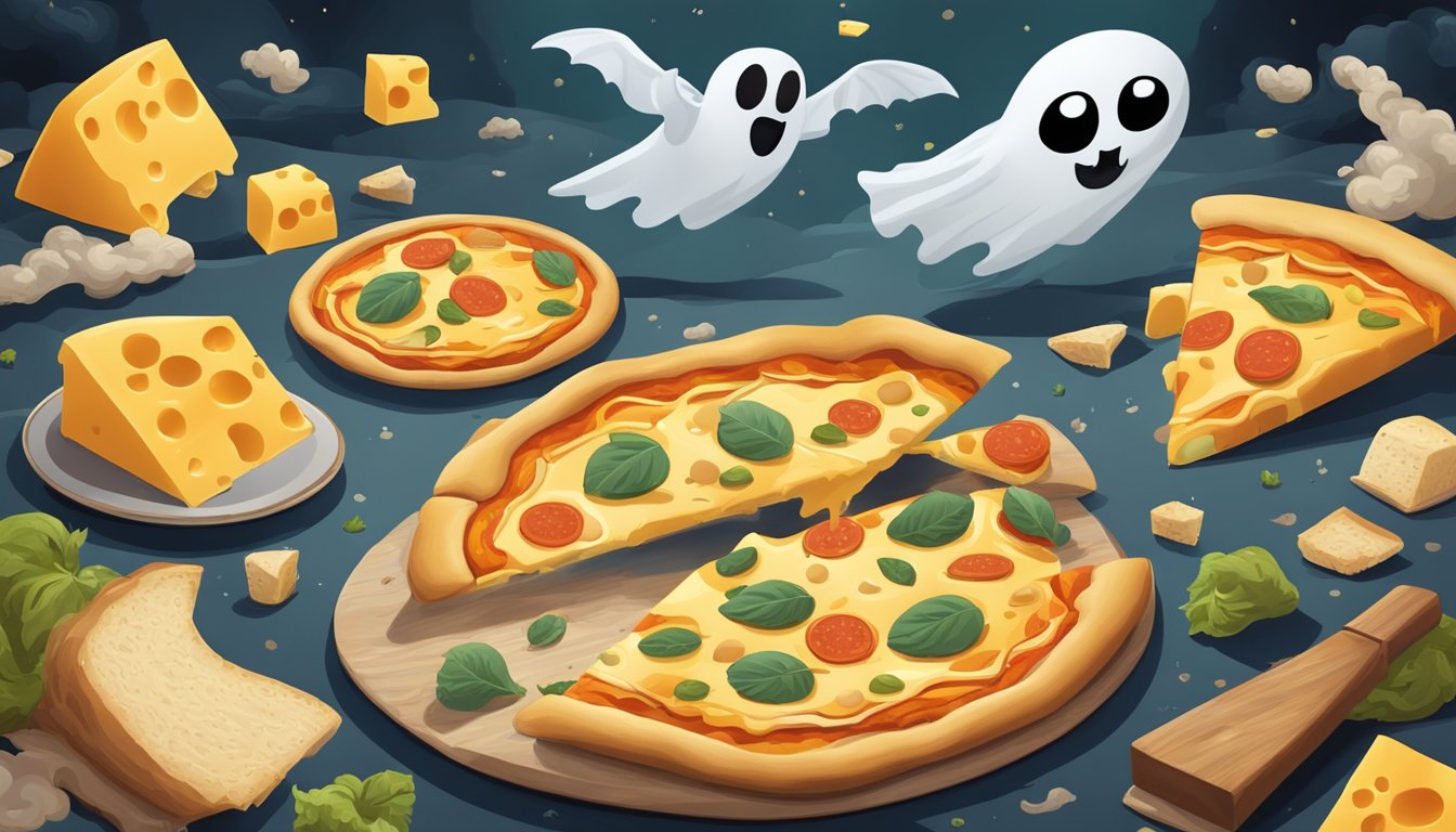 A slice of cheese pizza surrounded by floating objects, including a ghost, spider, and dark clouds