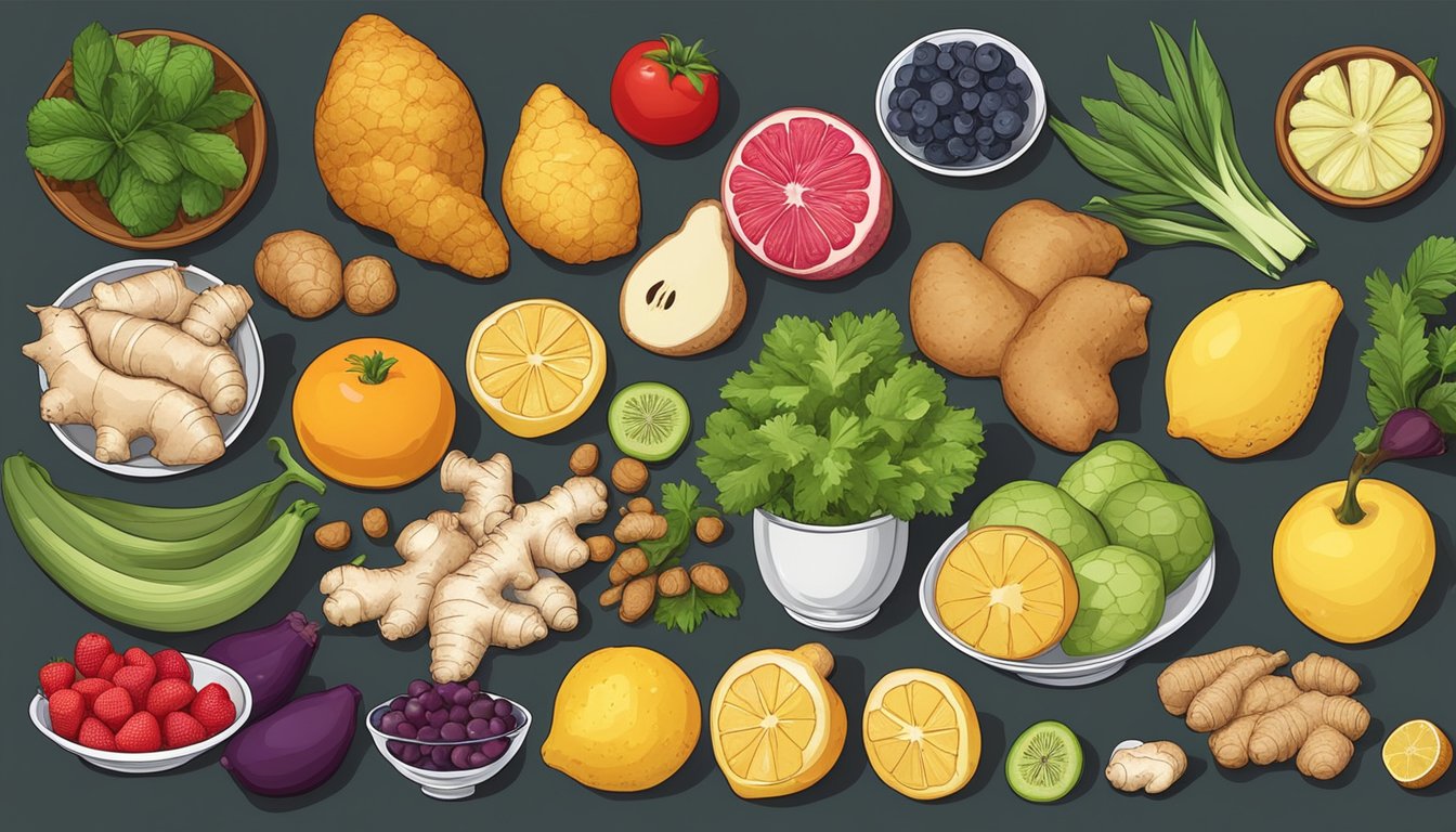 A table with 10 different types of ginger-infused foods surrounded by various fruits and vegetables