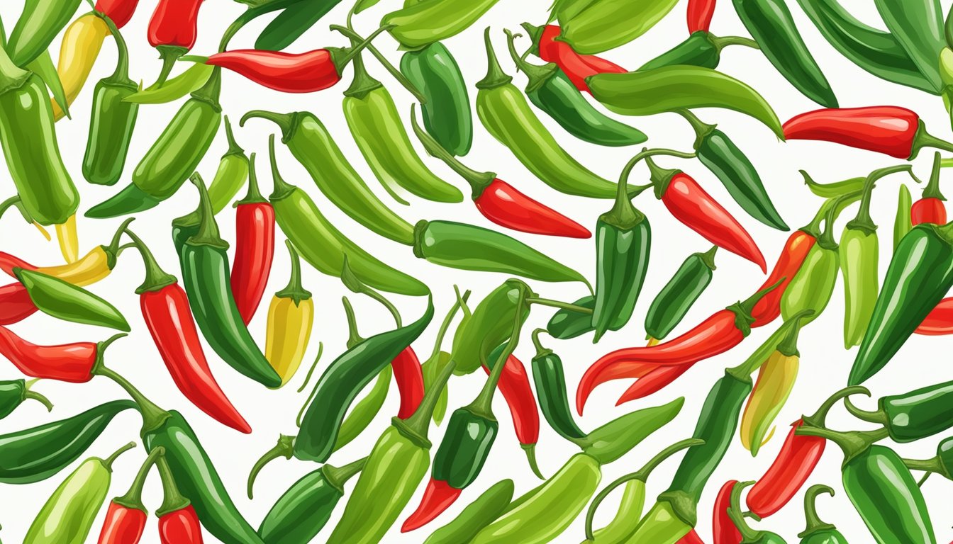 A colorful array of Serrano peppers arranged in a circular pattern, varying in size and shades of green and red