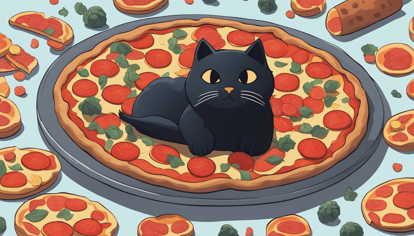 A pile of pepperoni slices surrounded by eerie, floating objects: a broken mirror, a black cat, and a dark storm cloud