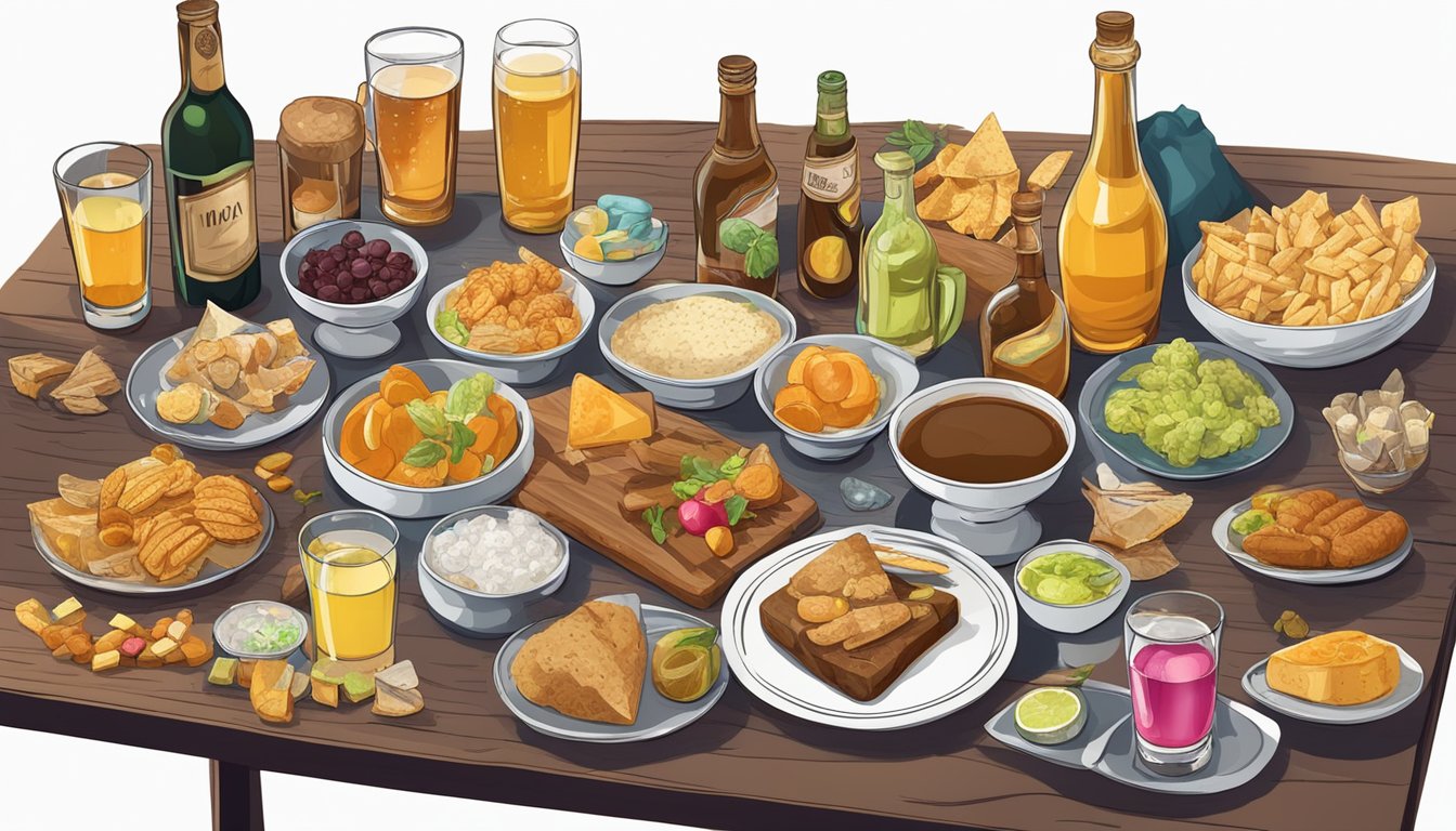 A table with various alcoholic beverages and 10 specific foods known to cause bad dreams arranged in a chaotic manner