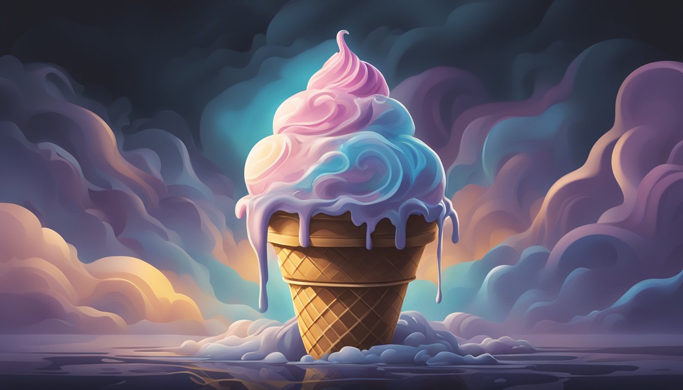 A melting ice cream surrounded by a dark, swirling fog with ominous shadows looming in the background