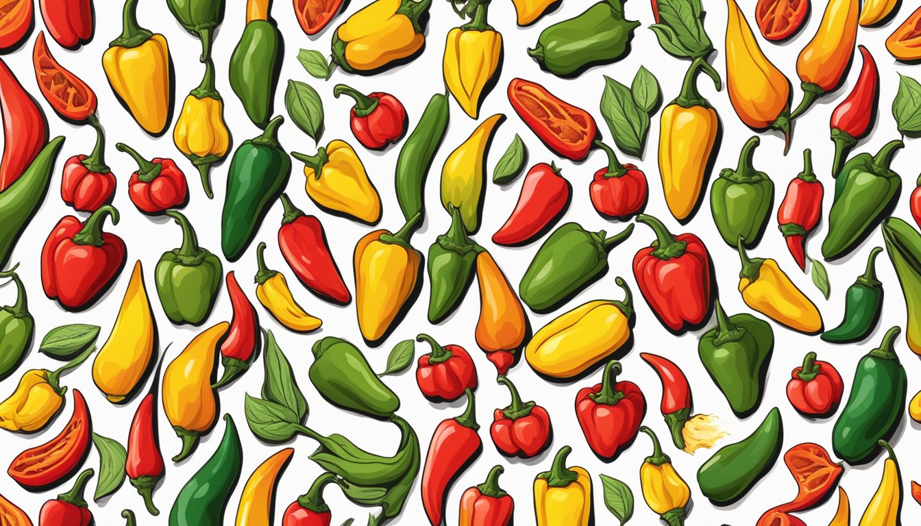 A colorful array of 10 different types of Peri-Peri peppers arranged in a circular pattern, each with unique shapes and varying levels of spiciness