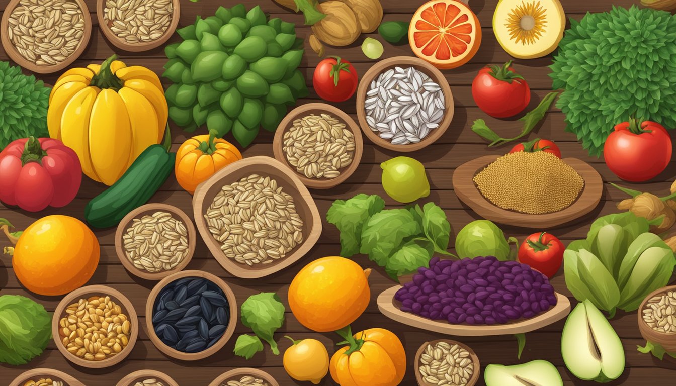 A pile of sunflower seeds surrounded by colorful fruits and vegetables on a wooden table