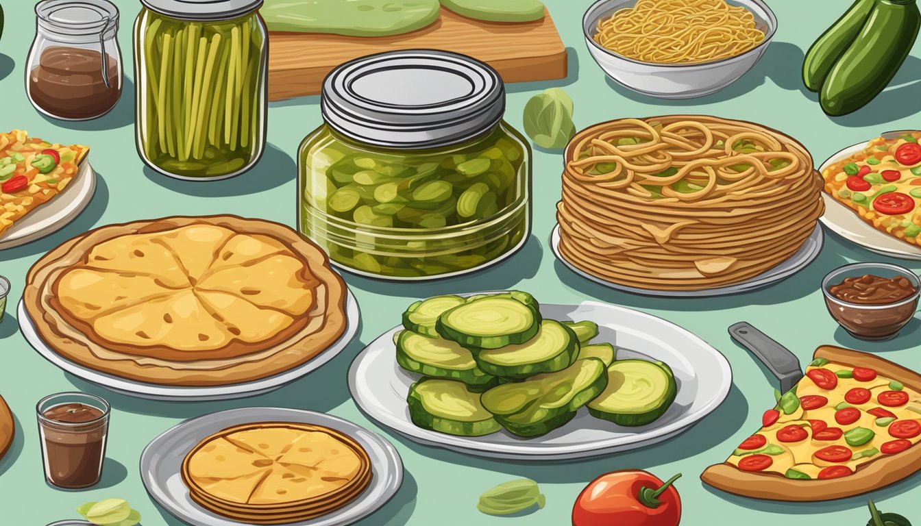 A jar of pickles surrounded by a floating slice of pizza, a hotdog, a bowl of chili, a plate of spaghetti, a stack of pancakes, a bowl of cereal, a chocolate bar, a bag of chips, and a can of soda