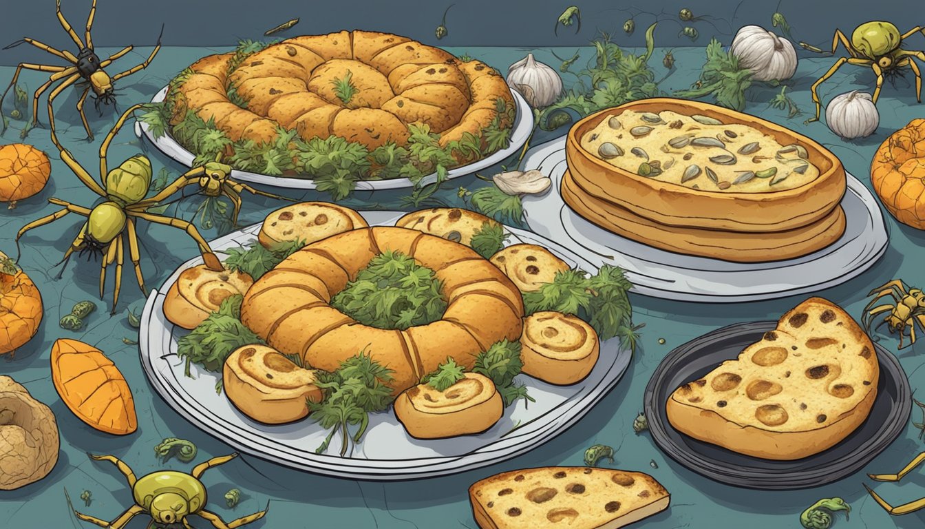 A plate of garlic bread surrounded by floating objects like spiders, snakes, and other creepy creatures