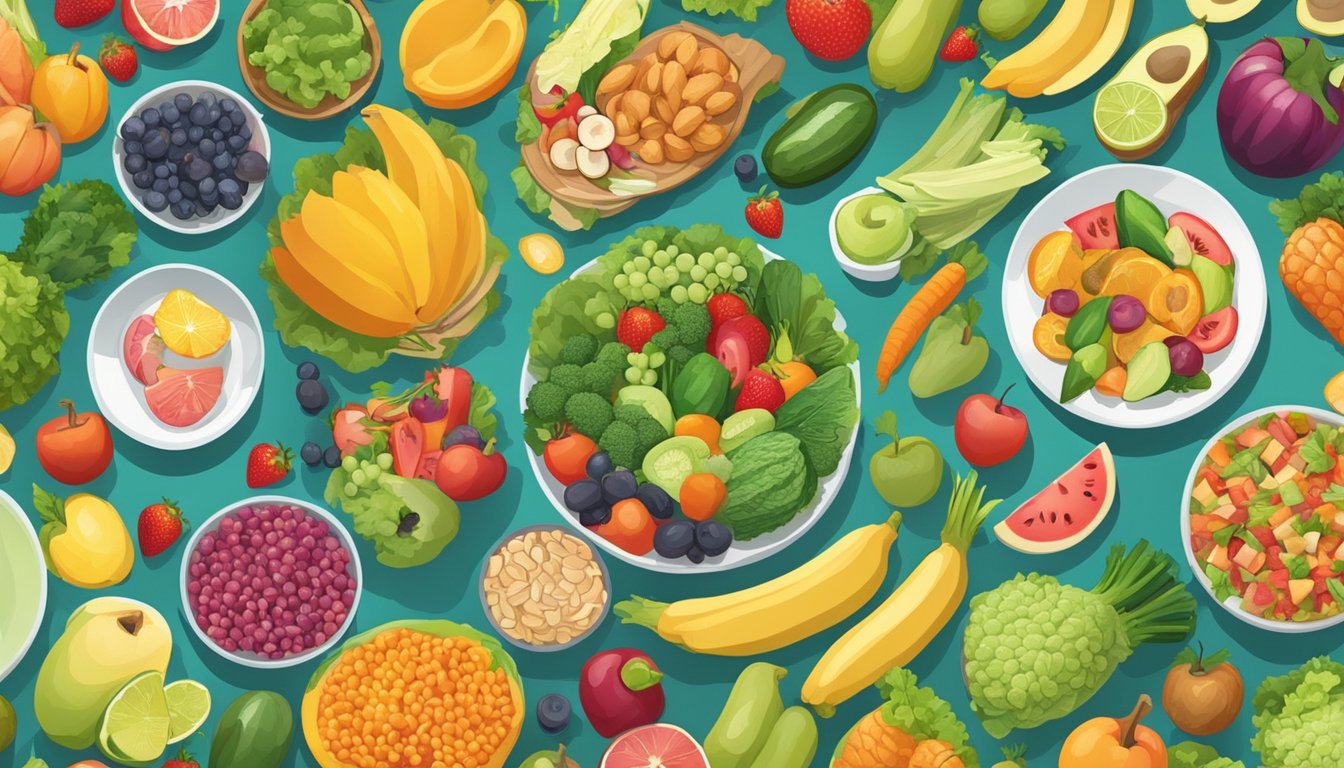 A group of people following various extreme diets, including the Breatharian Diet, surrounded by piles of fruits, vegetables, and other food fads