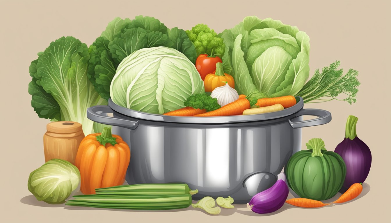 A steaming pot of cabbage soup surrounded by various vegetables and a measuring tape