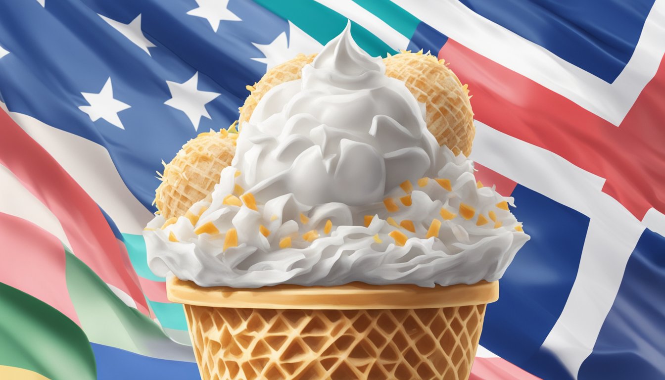 A scoop of coconut ash ice cream topped with shredded coconut, served in a waffle cone against a backdrop of international flags