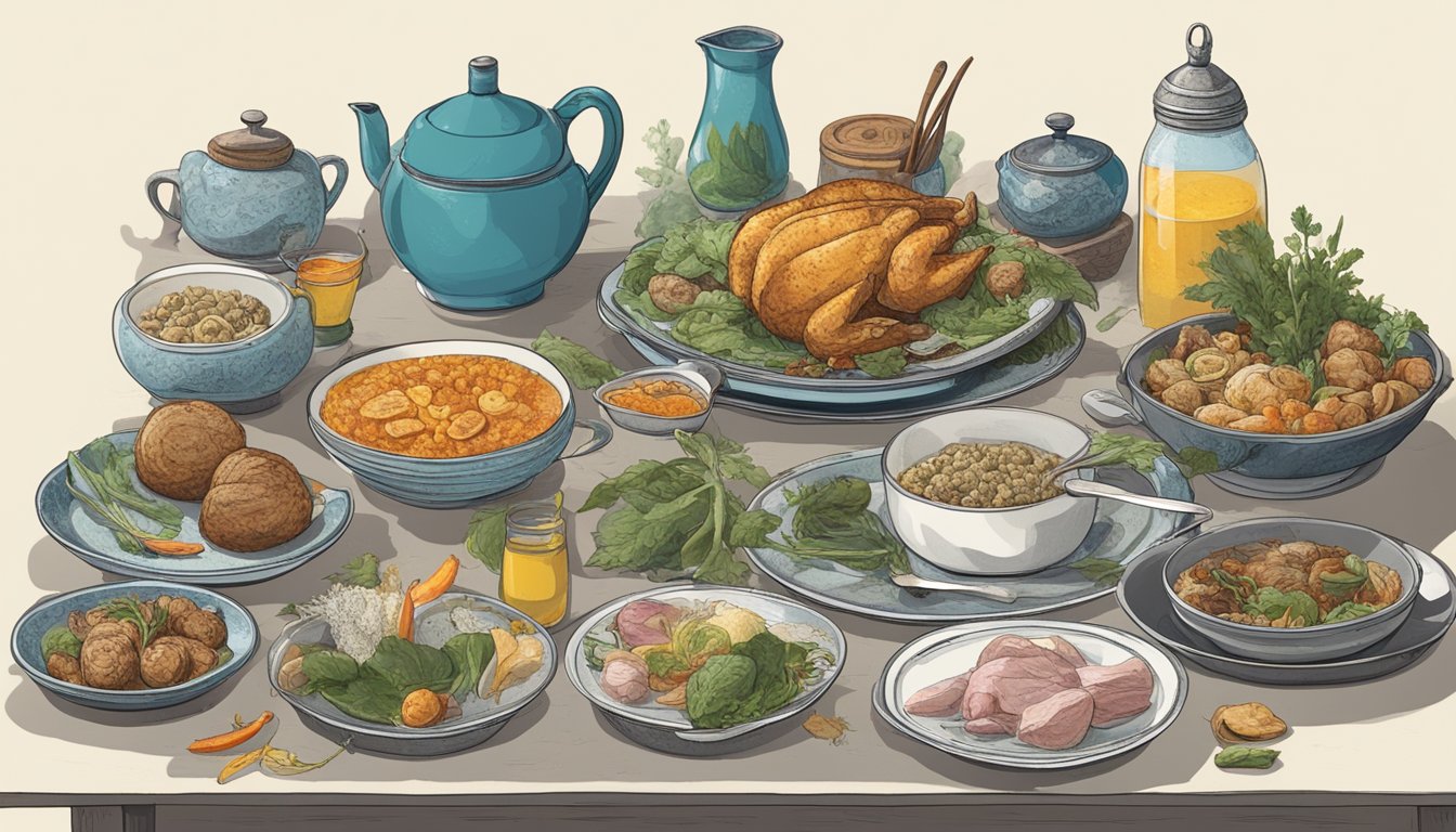 A table set with various dishes, including a plate of hákarl, emitting a pungent odor. Other dangerous foods are displayed with warning signs