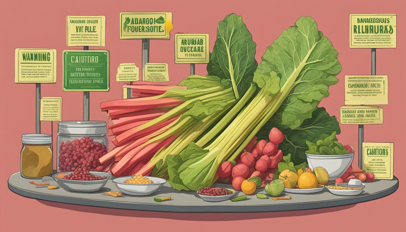 Giant rhubarb leaves tower over a table with 10 labeled dangerous foods, each surrounded by warning signs and caution tape