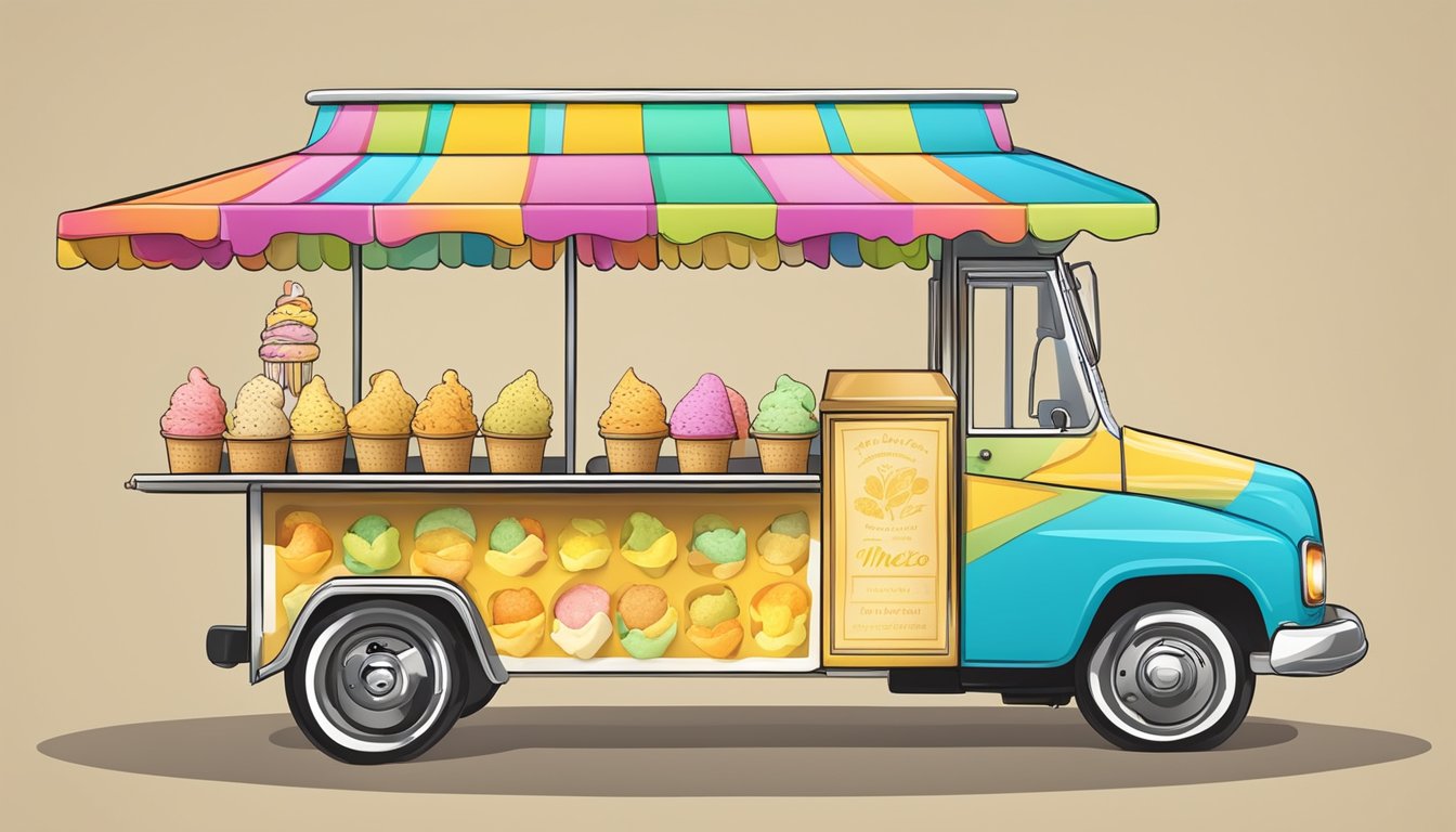 A colorful ice cream cart with a variety of unique flavors, including a vibrant yellow corn ice cream cone from Mexico