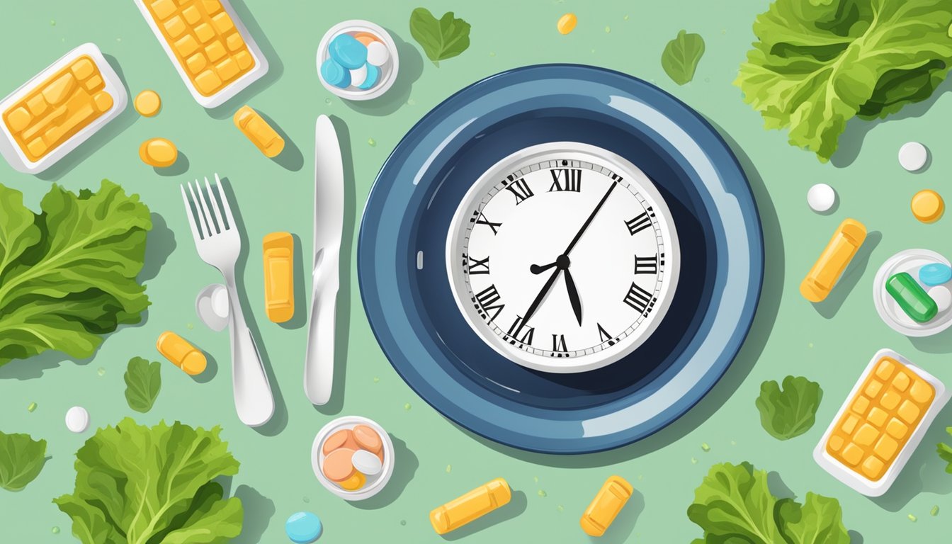 Empty plate surrounded by wilted lettuce, diet pills, and a clock showing midnight