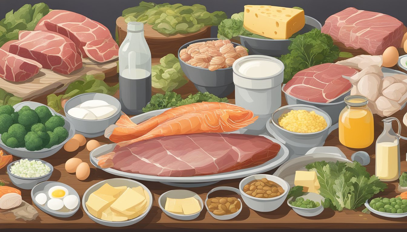 A table with 10 hazardous foods: raw meat, undercooked eggs, unpasteurized dairy, shellfish, moldy cheese, uncooked sprouts, raw fish, expired food, cross-contaminated items, and high-mercury fish