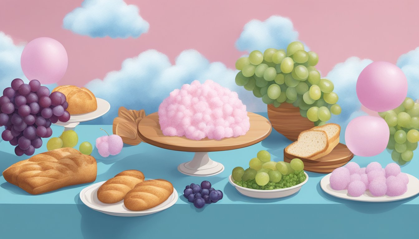 A table with floating food items: cotton candy clouds, balloon grapes, feather salad, and bubble wrap bread