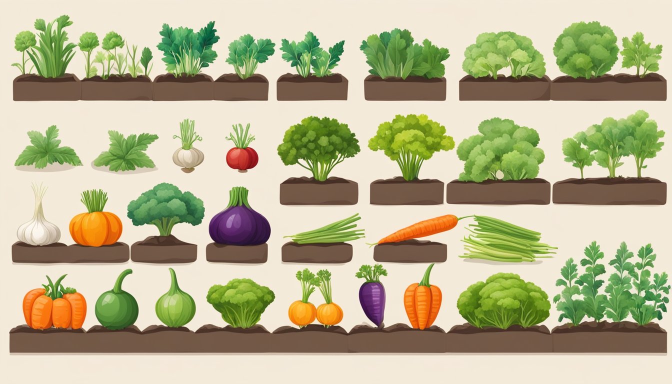 A garden with 10 different vegetables, including carrots, showing their evolution over time