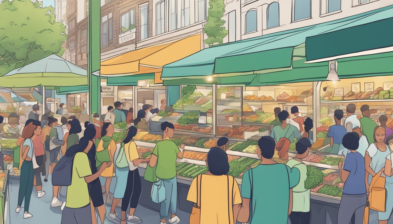 A crowded market with people flocking to buy trendy foods, like kale smoothies and avocado toast, while ignoring traditional options