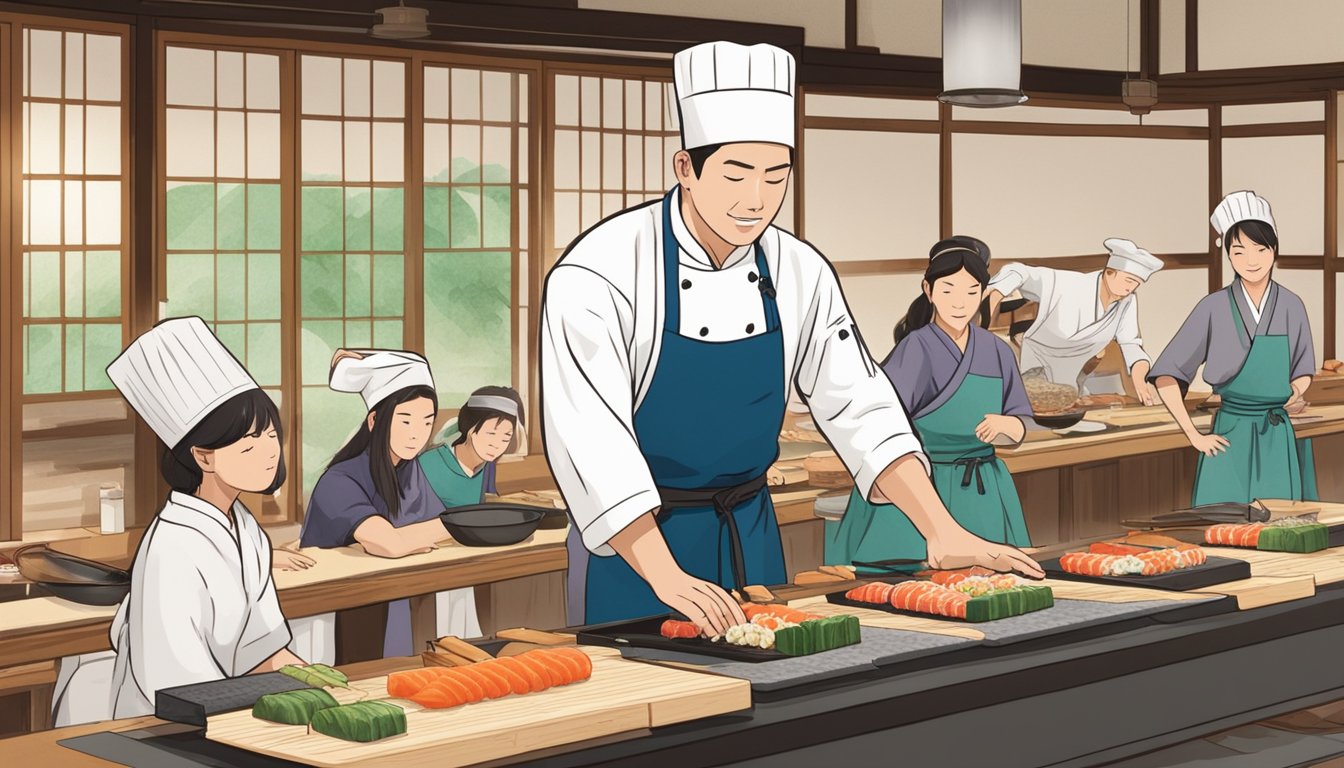 A chef demonstrates sushi making to a group of students in a traditional Japanese kitchen