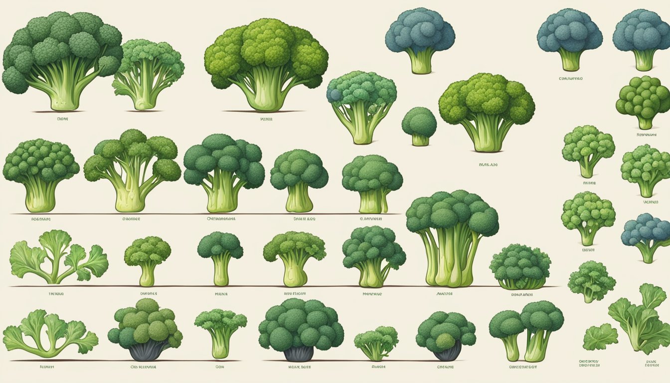 A timeline of 10 different varieties of broccoli, each showing the changes in size, shape, and color over time