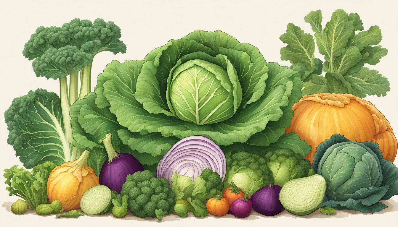 A cabbage plant surrounded by ancient and modern vegetables, showing the evolution of 10 different varieties over time