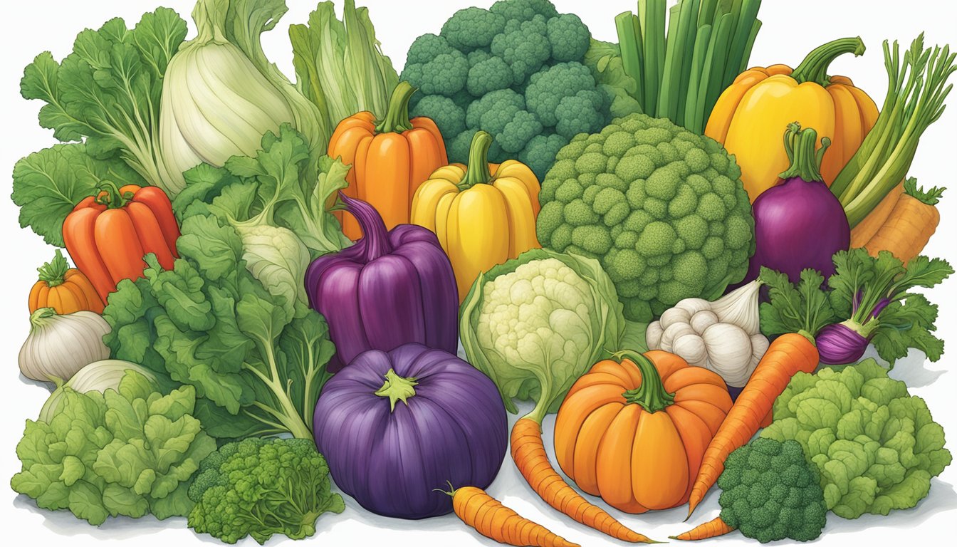 Vibrant, diverse array of vegetables, each displaying unique, exaggerated features and colors, showcasing the impact of modern genetic modifications