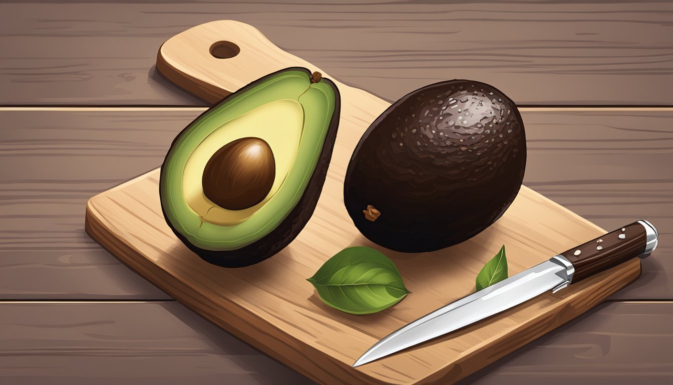 A ripe avocado and a bar of dark chocolate sitting on a wooden cutting board, with a knife nearby