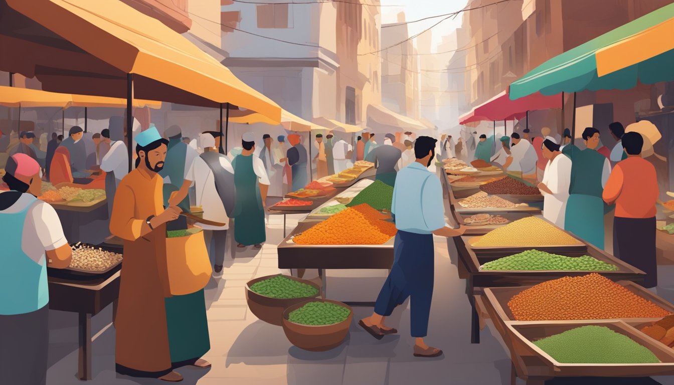 A bustling food market filled with colorful stalls and vendors selling a variety of traditional dishes from around the world. The aromas of spices and cooking fill the air as people sample different cuisines