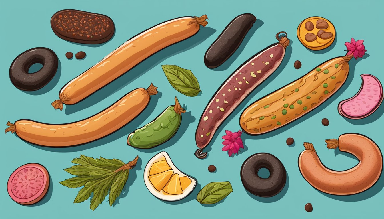 A table with 10 bizarre sausages, including morcilla, arranged in a colorful and artistic display