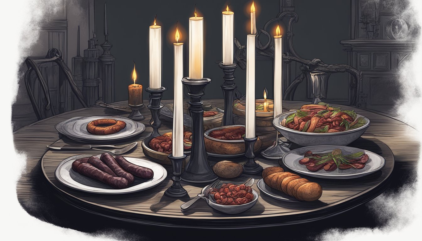 A dark, gothic dining table with a platter of vampire blood sausages surrounded by eerie candlelight