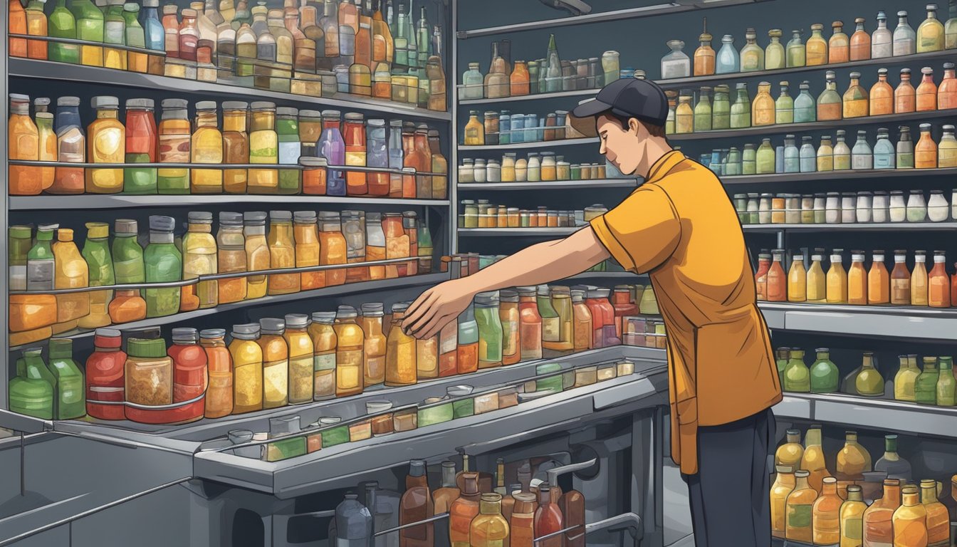 A factory worker pouring a mysterious liquid into a vat of food, surrounded by shelves of artificial flavoring bottles